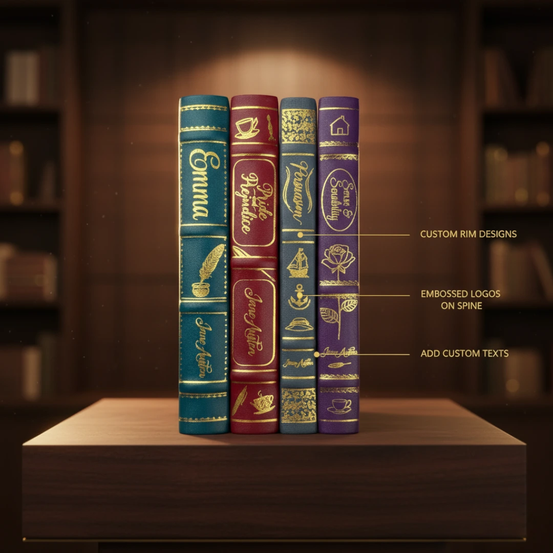 Premium book customization with spine quotes, custom dates, and luxurious golden rim decor.